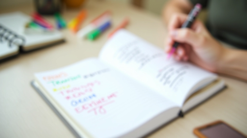 Notebook with expense categories and colored markers for tracking purchases