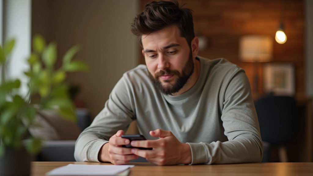 Person sitting at home, looking stressed while scrolling through shopping app on phone