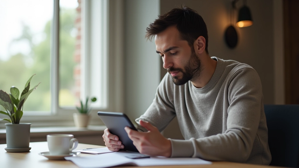 Person reviewing budget spreadsheet on tablet with coffee nearby