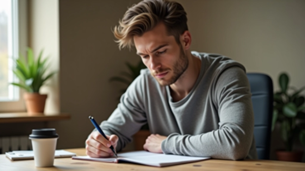 Person writing in notebook while sitting at a desk with a cup of coffee, journaling about purchases