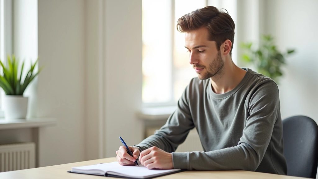Person sitting at wooden table with notebook and pen, morning light from window, thoughtful expression, writing personal values